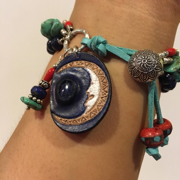 Boho Sundance Style Celestial Gemstone Turquoise Hill Tribe Silver Bracelet - Picture 6 of 10